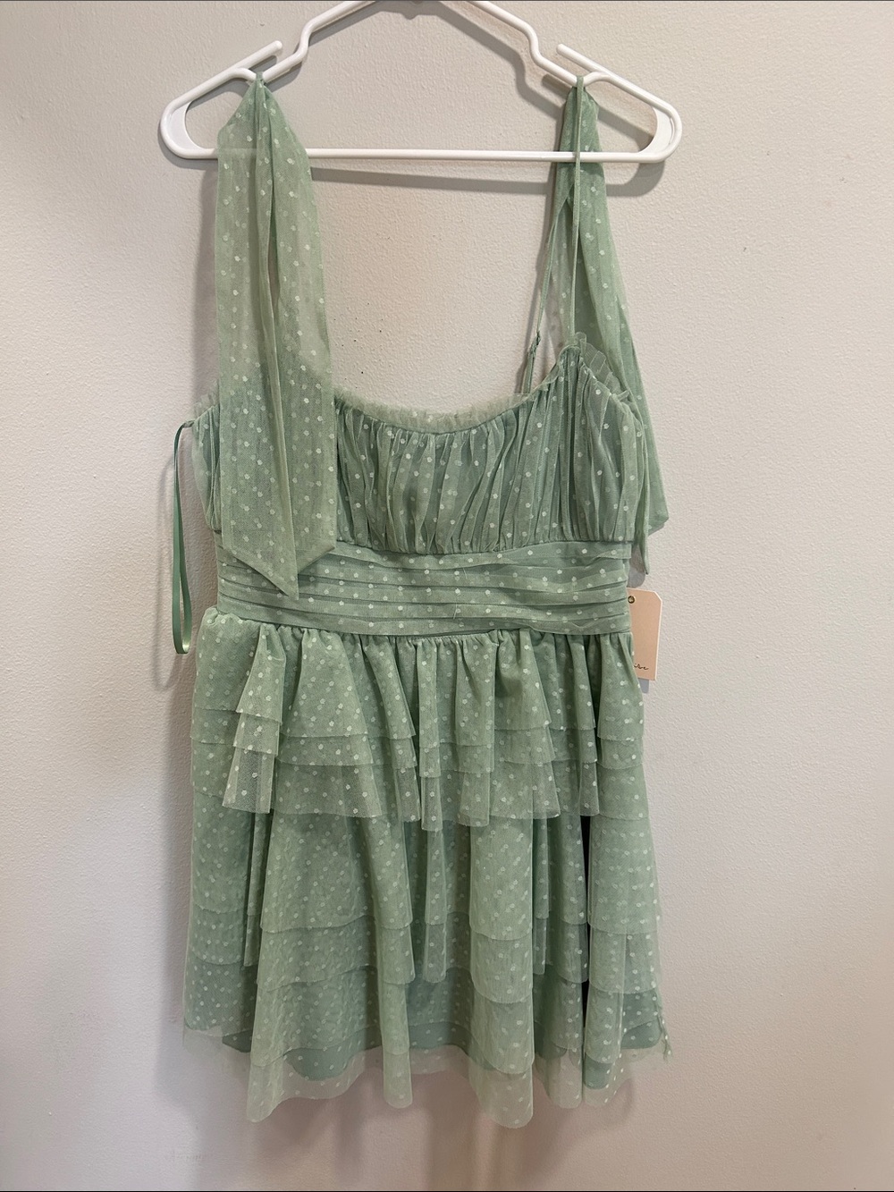 Sage Green Tiered Chiffon Party Dress with Tie Straps